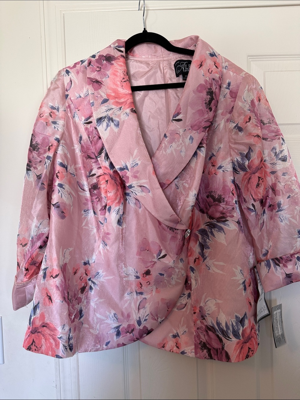 Alfani Pink Floral Satin Draped Collar Button-Down Blouse